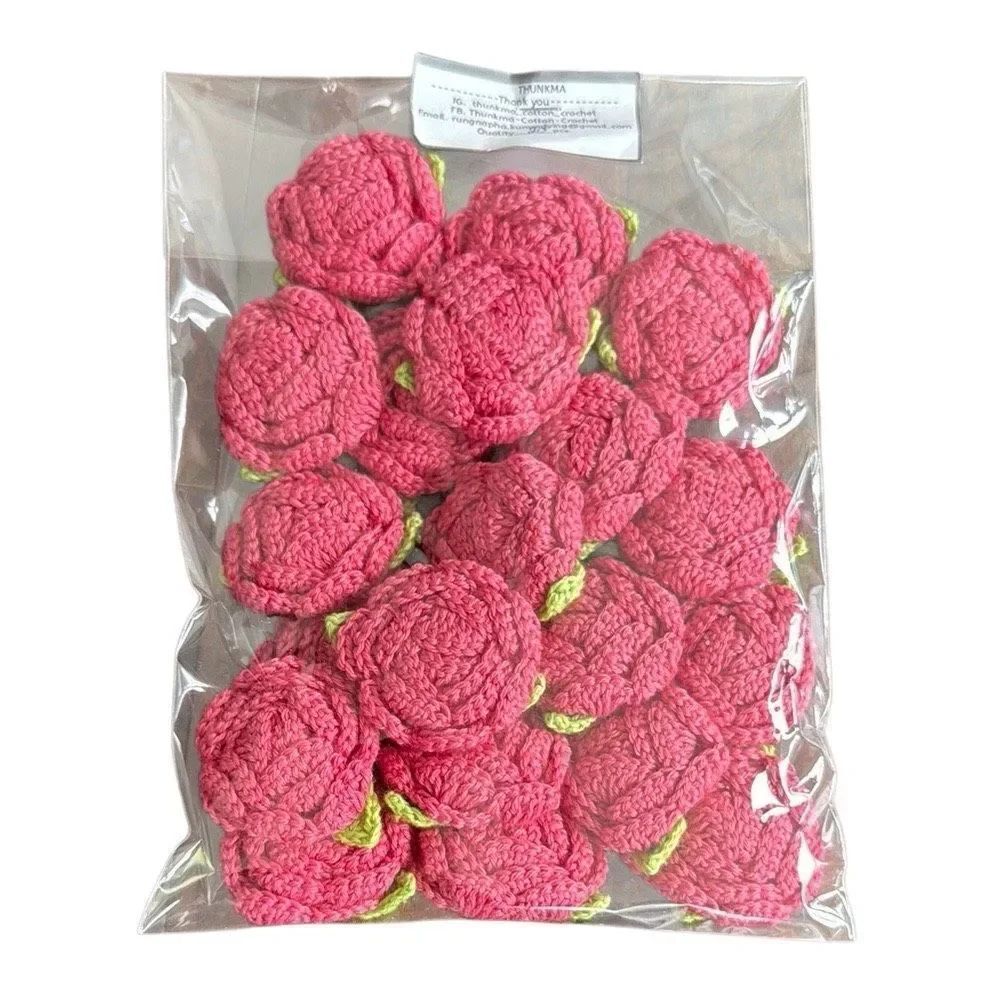 20 Crochet Handmade Cotton Rose Flowers – 1.5” Pink + Green